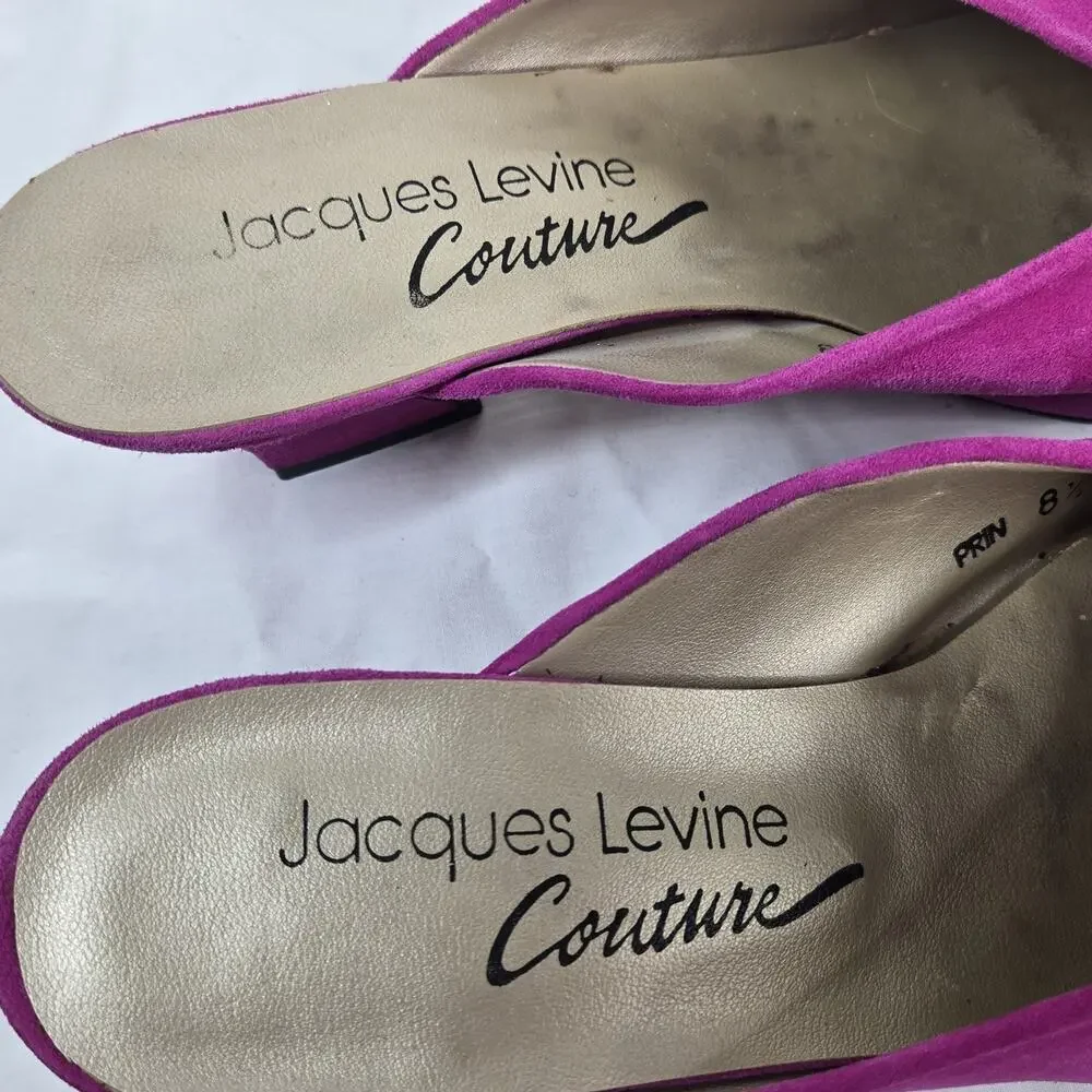 Vintage Jacques Levine Couture Suede Mules Fuchsia Pink Kitten Heels 8.5 B - Picture 2 of 11